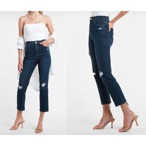 EXPRESS Super High Waisted Slim Straight Ripped Dark Wash Jeans 14